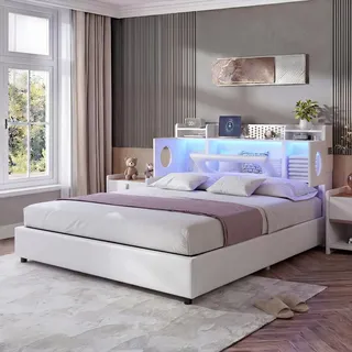 BRILVERDE Polsterbett 160x200 mit Stauraum, Doppelbett mit LED und USB, Jugendbett mit Kopfteil, Hydraulisch Stauraumbett, Bettgestell mit Lattenrost, Funktionsbett, PU (Weiß, 160 x 200 cm)