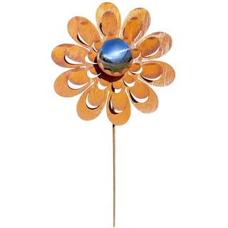 Bornhöft Gartenstecker Blume Metall Gartendeko Rost Edelrost Beetstecker 110cm Deko Rostfigur für den Garten mit Edelstahl Kugel (Blume G)