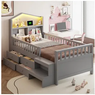 Flieks Kinderbett, Halbhochbett Hausbett 90x200cm mit Schubladen und USB/Typ-C grau