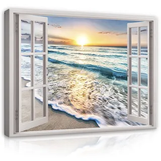 WallArena - Leinwand Bilder - Fensterblick Strand Meer Landschaft Fenster - 80x60 cm Leinwandbilder Bild auf leinwand Wandbild XXL groß Wandbilder für Wohnzimmer Schlafzimmer Wohnzimmerbilder Modern