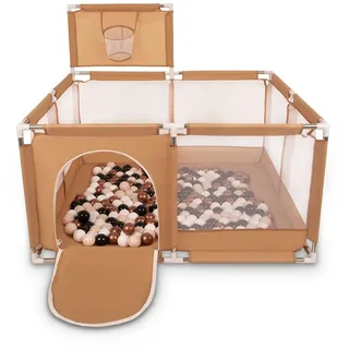 Selonis Laufstall Mit Korb Und 400 Bälle Laufgitter Für Kinder, Beige:Pastellbeige/Kupferrot/Weiß/Schwarz