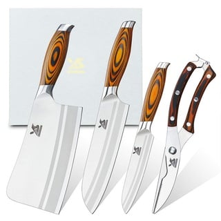 MSY BIGSUNNY 4-teiliges Küchenmesserset, Hackmesser, Santokumesser, Allzweckmesser, Geflügelschere - Asiatisches Messerset Deutscher Stahl zum Mehrzweckschneiden - Tang Series
