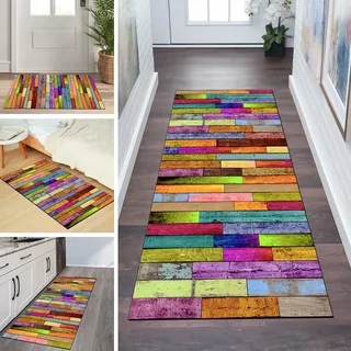 QQrunner Läufer Teppich Flur Bunt rutschfest Meterware 80x180CM Waschbar Küchenteppich Holzmaserung Schlafzimmer Korridor Teppichläufer Lang, Anpassbare Größe, 60-120cm Breit