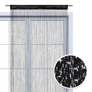 wometo Faden-Vorhang Glitzer-Vorhang 90x245 - schwarz-silber glänzender Deko Schal transparent halbtransparent Weihnachten