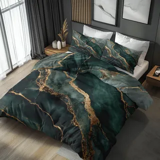 Generisch Bettwäsche 140x200 Dunkelgrün Gold Marmor Design, 2teilig - Modern Abstrakt Bettbezug und 1 Kissenbezug 70x90, Wendebettwäsche, Schlafzimmer Deko, Mikrofaser, mit Reißverschluss (L-32P)