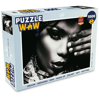 MuchoWow Puzzle Frau - Schmuck - Ring - Make up - Schwarz - Weiß - Kette, 1000 Puzzleteile, Foto-Puzzle, Bilderrätsel, Puzzlespiele, Klassisch schwarz 48 cm x 68 cm x 2 cm