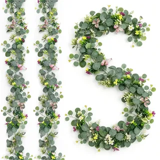 2 Stück Eukalyptus Blumengirlande Deko 5.74FT Künstliche Blumengirlande Eukalyptus Girlande mit 3D Schmetterlinge Bunten Blumen, Kunstblumen Ranke Girlande Frühling für Hochzeit Tischdeko Garten Deko