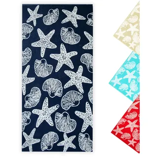ZOLLNER Strandtuch - Flauschiges und saugstarkes Badetuch in 90x180 cm - waschbar bis 60°C - Baumwolle - maritimes Muster mit Seesternen und Muscheln in dunkelblau - Oeko Tex® Zertifiziert