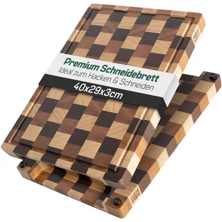 MAKUMORI Premium Schneidebrett aus Massivholz, Stirnholz, End Grain 40x29x3cm - Aus Heveaholz, karbonisiertem Akazien- und Heveaholz -FSC®-zertifiziert, Standfüße, Saftrinne und große Griffmulden