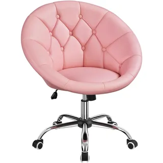 Yaheetech Schreibtischstuhl Schminktisch Stuhl, Homeoffice Stuhl, Bürostuhl, höhenverstellbar Bürosessel mit Getuftetem Sitz, Runder Drehstuhl mit Rollen, Arbeitsstuhl aus Kunstleder, Rosa