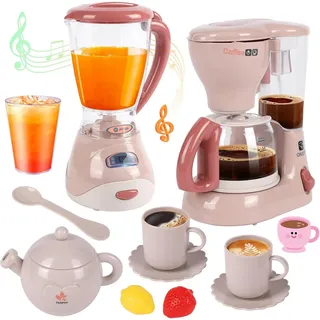 Greyghost Kinder-Küchenset Kinderküche Zubehör Set mit Mixer und Kaffeemaschine, (Kinderküche Zubehör Set mit Mixer Kaffeemaschine und Spielgeschirr, 11-tlg., Spielküche Zubehör mit Mixer Kaffeemaschine Tassen Obst für Kinder), Rollenspiel Zubehör für Kinderküchen Mit Licht- und Soundfunktion beige|braun