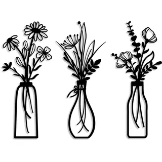 3 Stück Metall Blumen Wanddekoration Schwarz, Wanddeko Metall Blumenvasen Rustikale Wandkunst Dekor für Wohnzimmer Schlafzimmer Flur Esszimmer, Minimalistische Wandbilder Art Wanddeko Vintage Stil
