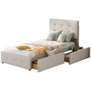 Ulife Polsterbett Jugendbett Gästebett Funktionsbett mit 2 Schubladen, 140x200cm beige