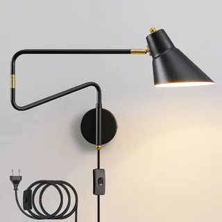 Industrielle Wandleuchte mit Schalter und Stecker, Wandlampe Verstellbar Metall Langer Arm, Wand-Leselampen mit Kabel Schwenkbar Nachttischlampe Schlafzimmer Wohnzimmerlampe Innen Wandbeleuchtung E27