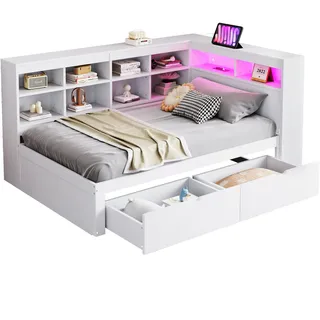 Tagesbett 90 X 200 Cm Aus Holz Mit 2 Schubladen, Regalen, Usb-anschluss Und Led, Ohne Matratze, Weiß