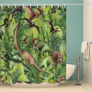 MOXINO Dinosaurier Duschvorhang Anti-Schimmel 120x180 cm Polyester Stoff Textil Waschbar Badvorhang 3D Dschungel Dino Motiv Design Shower Curtain Wasserdicht Badezimmer Vorhänge mit 12 Haken