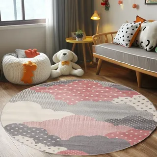 Carpettex Kinderteppich Kinderzimmer Wolke Design Kinder Teppich Babyzimmer Weicher Flor, Farbe: Pink, Größe: 120 cm Rund