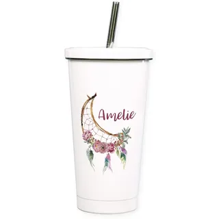 GRAZDesign Cocktailbecher mehrweg mit Deckel, personalisiert mit Namen, Pfingstrosen, Trinkbecher mit Trinkhalm aus Edelstahl, ideal als Geschenk