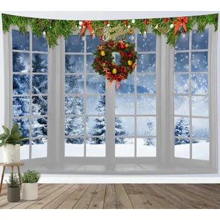 LB Wandteppich Weihnachten Wandtuch Wald im Berg mit Schnee Wandbehang Winterlandschaft aus dem Fenster Tapisserie für Wohnzimmer Schlafzimmer Wohnheim Wanddeko,200Bx150H cm