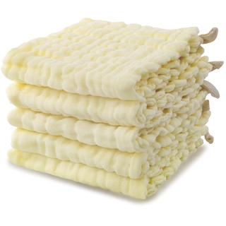 MINIMOTO Baby-Musselin-Handtücher, 5-teiliges Set 11x11inch, superweiche Musselin-Waschlappen für das Bad, Baby-Gesichtshandtuch und Waschlappen (Yellow)