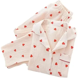 Revers Pyjama Set Für Damen, Pfirsich Herzmuster, schlafanzug damen baumwolle, Lässige Baumwolle, Langärmelig, Oberteile, Hosen, Weiche Nachtwäsche, Loungewear, Frühling, Herbst Und Winter, Gelb, S - S