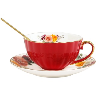 fanquare 3 Stück Vintage Rot Teetasse mit Untertasse, Floral Teetasse mit Löffel, Porzellan Kaffeetasse für Latte, Cappuccino, 200ml