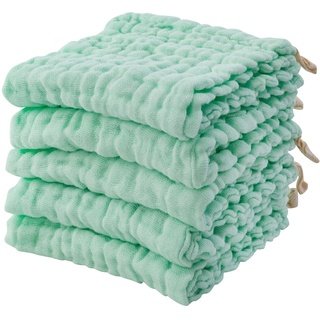 MINIMOTO Baby-Musselin-Handtücher, 5-teiliges Set 28x28cm, superweiche Musselin-Waschlappen für das Bad, Baby-Gesichtshandtuch und Waschlappen (Green)