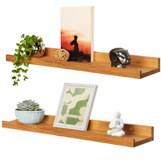 Heimatspäne 2er-Set Bilderleiste Holz 60cm – Echtes Eichenholz, freischwebende Regalbretter inkl. Schraubenabdeckung aus Echtholz – handgemachtes Wandregal, Holzregal Eiche massiv