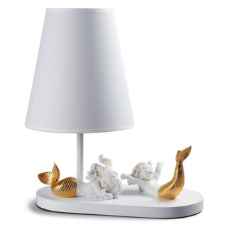 Casa Padrino Luxus Tischleuchte Weiß / Gold 33 x H. 41 cm - Tischlampe mit handgefertigten & handbemalten Porzellan Meerjungfrauen