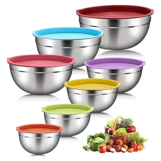 7 Edelstahlschalen mit farbigen Deckeln, Salatschüssel, Rührschüssel - Silber