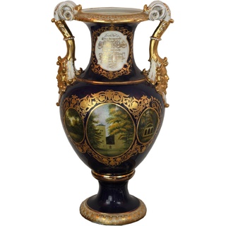 Casa Padrino Barock Vase Blau / Gold / Weiß 34 x 29 x H. 58,5 cm - Prunkvolle Porzellan Vase mit 2 Griffen