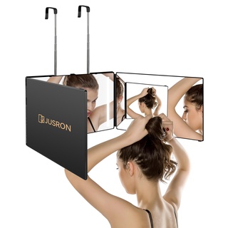 JUSRON 360 Grad Spiegel mit Licht, Klappspiegel 3 Teilig Haare Selbst Schneiden, Höhenverstellbarer&Wiederaufladbarer Kosmetikspiegel Rasierspiegel Friseurspiegel für Makeup Rasieren Frisieren