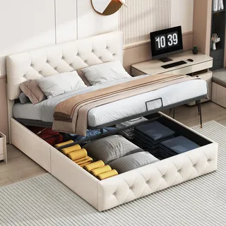 Polsterbett 160 x 200 cm, Doppelbett mit hydraulischer Hebefunktion und Verstellbares Kopfteil, Bettgestell mit Stauraum, Gepolstertes Bett Stauraumbett Funktionsbett, ohne matratze (160X200CM)