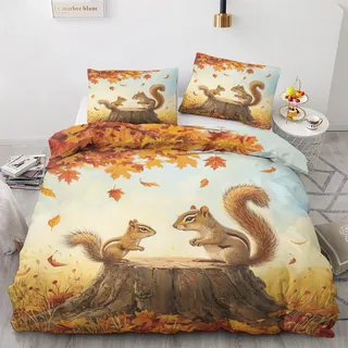 Eichhörnchen Bettwäsche 135x200 - Herbst Waldtiere Bettbezug 135 x 200 2er Set - Wendebettwäsche & Kissenbezug 80x80 cm - Weiche Mikrofaser Bettwäsche-sets mit Reißverschluss - Schlafzimmer Bett Deko