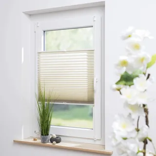 Klemmfix Plissee Uni beige, glatter Stoff, ohne Bohren oder Schrauben, inkl. Klemmträger Breite: 75 x 220 cm Farbe: beige