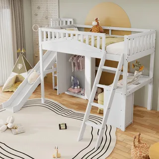 Merax Hochbett Kinderbett 90x200cm, Holzbett mit Kinderrutsche, Kleiderschrank und Offene Regale, Schreibtisch und Schrank, Platzsparendes Stockbett mit Lattenrost, Rausfallschutz, Jugendbett, Weiß