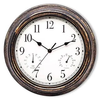 Gartenuhr Wetterfest 30cm Wasserdicht Wanduhr mit Thermometer Braun Metall