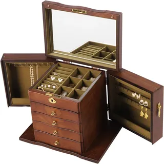 Schmuckkasten mit 5 Schubladen Schmuckschatulle Groß Holz Schmuckkoffer + Spiege