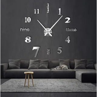 R&M ORIENT® 3D Wanduhr große Moderne Mute DIY – Luxus Dekoration Geschenk – Wandtattoo – Uhren für Büro Wohnzimmer Schlafzimmer Dekoartikel Home Office Quarzuhr (Silber-D)