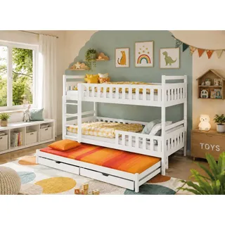Kids Collective Etagenbett Hochbett Stockbett Kinderbett 90x200 cm mit Ausziehbett und Schubladen (Umbaubar zu 3 Einzelbetten), mit Lattenrosten & Rausfallschutz weiß weiß