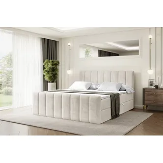 altdecor Boxspringbett mit Matratze und Topper, Fußteil, Polsterbett mit Bettkasten, Bett mit Stauraum H3-Matratze, Doppelbett, Springboxbett - 160x200 Beige Samt