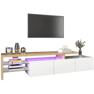 Merax Lowboard, mit Glasablgen und LED-Beleuchtung, Fernsehtisch Hochglanz, TV-Schrank weiß