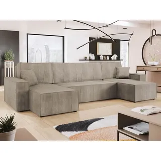 MIRJAN24 Wohnlandschaft Karl U Cord, Eckcouch mit Bettkasten und Schlaffunktion, Schwarze Füße, Kissen mit Reisverschluss, 312x145x82 cm (Farbe: ... - Beige