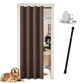 JCyh blickdichter Türvorhang mit Teleskopstange und Magnetknopf, einfache Montage ohne Bohren, 1 Stück Verdunkelungsvorhang Braun H 210 x B 132 cm für Zimmer tür, Stange Schwarz 70-128 cm