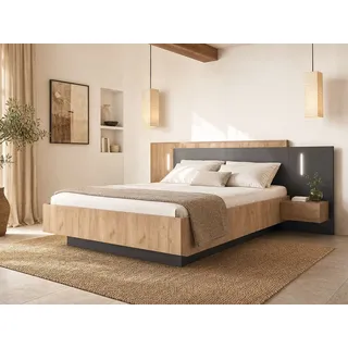 Bett mit integrierten Nachttischen - 160 x 200 cm - 2 Schubladen + LEDs + Lattenrost - Naturfarben & Anthrazit - FRANCOLI