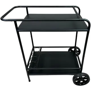 ABC home Outdoor Servierwagen mit großen Gummirädern – Mobiler Grillwagen mit 4 Flaschenhaltern – Wetterfester Beistellwagen aus Metall – 2 Ablagen – 86 cm Breit – Schwarz