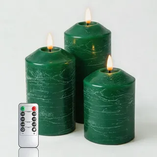KiimLaa LED Kerzen 3er Set, Flammenlose Echtwachs Stumpenkerzen mit Fernbedienung Timer, Batteriebetriebene Flackernde LED Kerzen Dimmbar, Adventskranz Weihnachten Hochzeit Deko, Grün