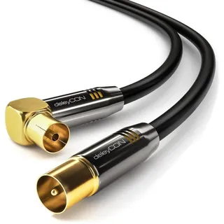 deleyCON 7,5m 4K TV Antennenkabel - 4K Ultra-HD Full HD HDTV - 1x Gewinkelt - Koaxialkabel - IEC-Stecker (gerade) zu IEC-Buchse (90° Grad) - Metallstecker - Schwarz