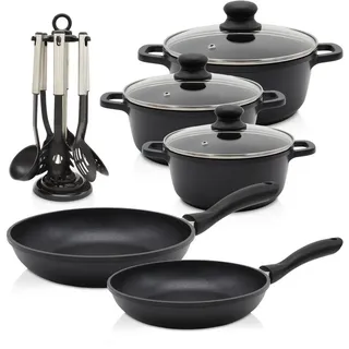 Krüger Topf-Set Aluguss Topf-/ Pfannenset LEIPZIG inkl. Küchenhelfern, 15 tlg., Aluminiumguss (Set, 15-tlg., Fleischtopf 16+20+24 cm, Pfanne flach 20+28 cm, 7 tlg. Küchenhelferset), inkl. 7-tlg. Küchenhelfer-Set schwarz