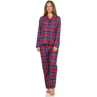 Damen Flanell Pyjama Schlafanzug kariert mit Knopfleiste und Hemdkragen - 202 201 15 600, Farbe:Karo blau, Größe:44/46 - 44-46